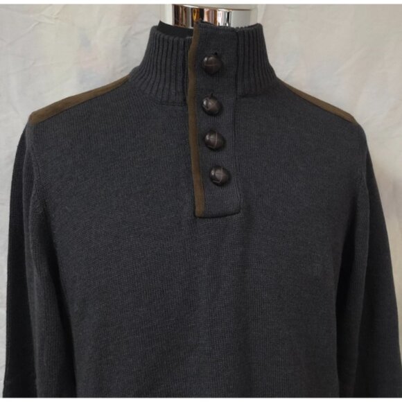 Haggar Mens Medium Grey Quarter Button Suede Trim Pullover Long Sleeve Sweater - Picture 2 of 12
